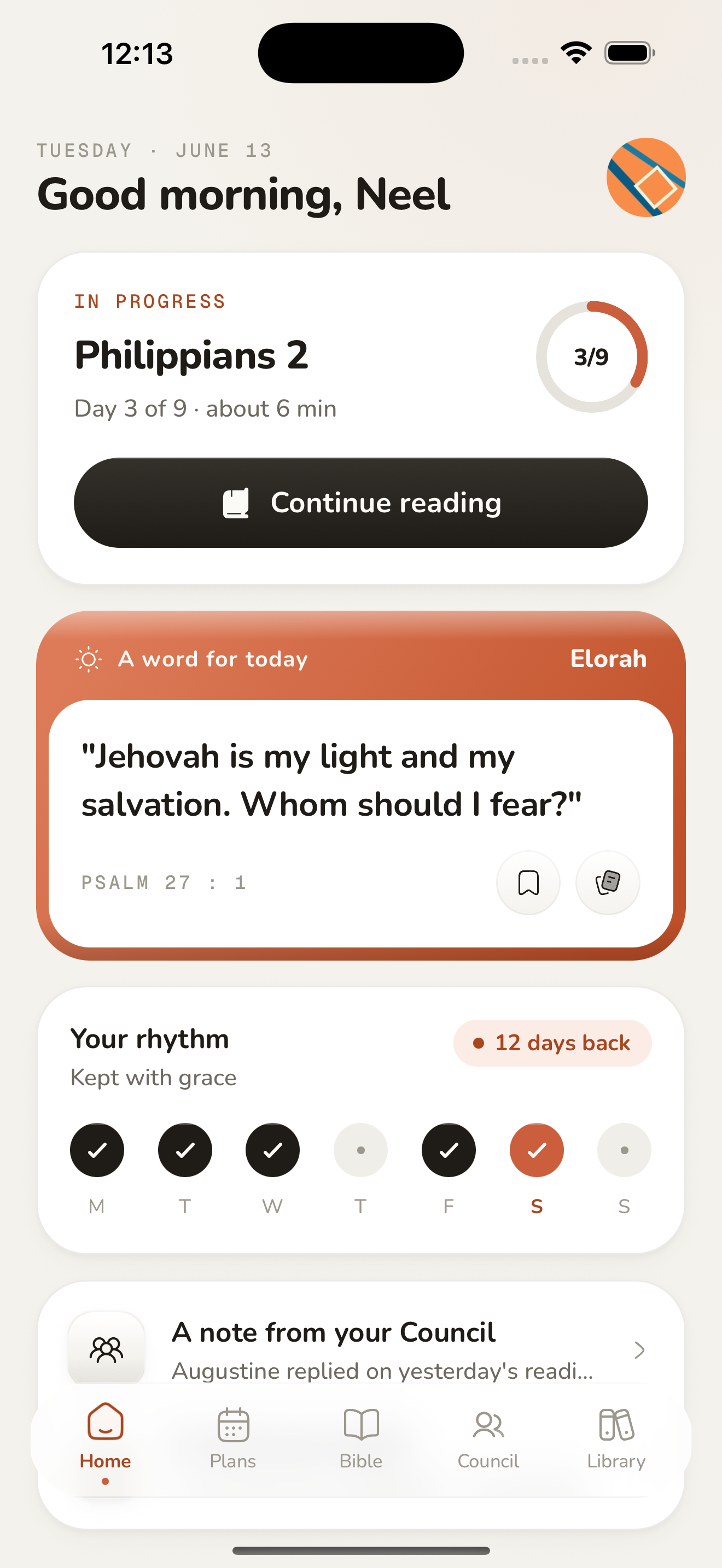 Elorah app — today's reading, a verse for the day, and your reading streak